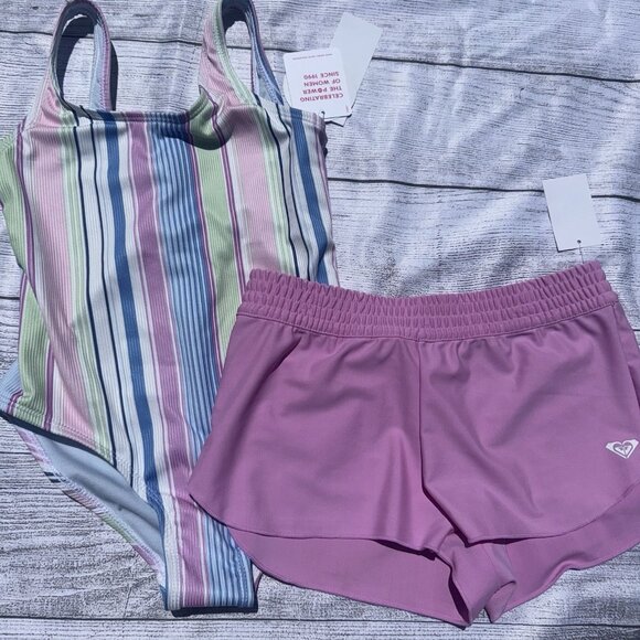 Roxy Girls Size 8 Striped One Piece Swimsuit Purple W Swim Shorts NEW - Picture 1 of 2